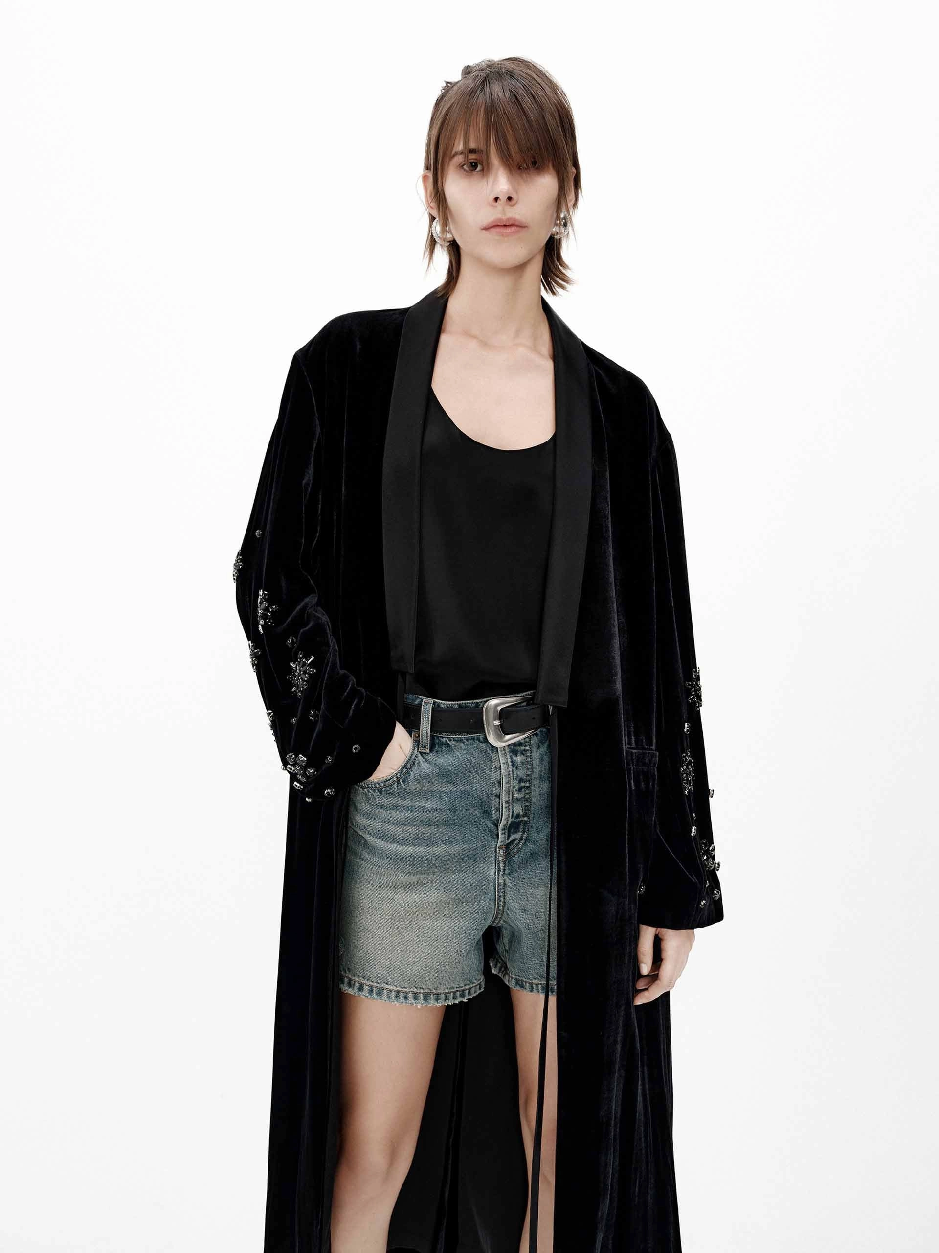 Faux Fur Collar Holiday Trip Crystal Detail Velvet Coat