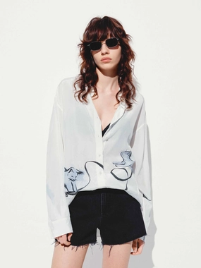 Brushed Inner Lining Stylish Design Cat Print Long Sleeves Shirt