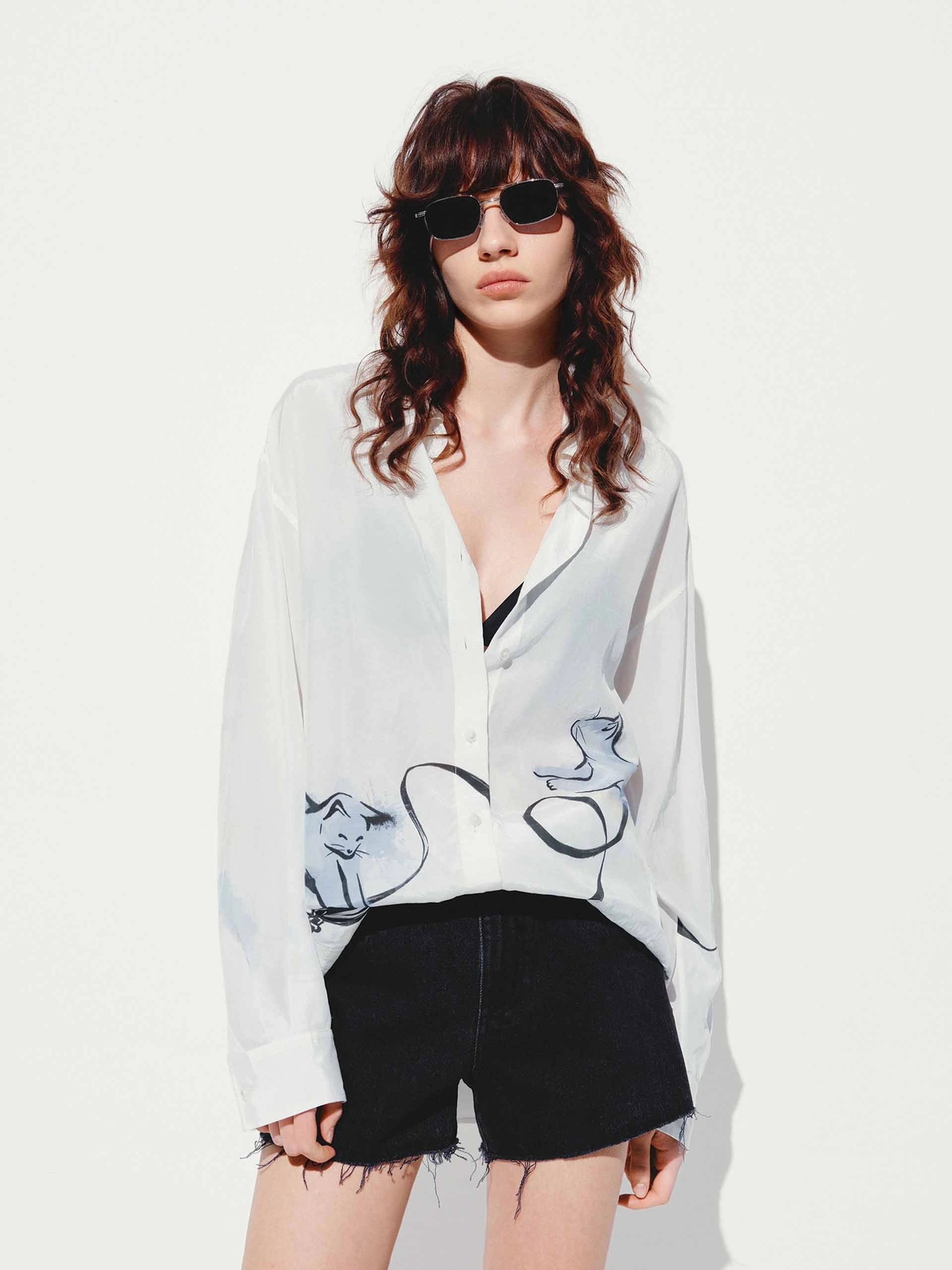 Compact Fold Design Cat Print Long Sleeves Shirt