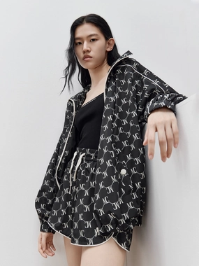 HOT SALE Monogram Print Hooded Trench Coat Breathable Mesh Panels Crisp Walk Look