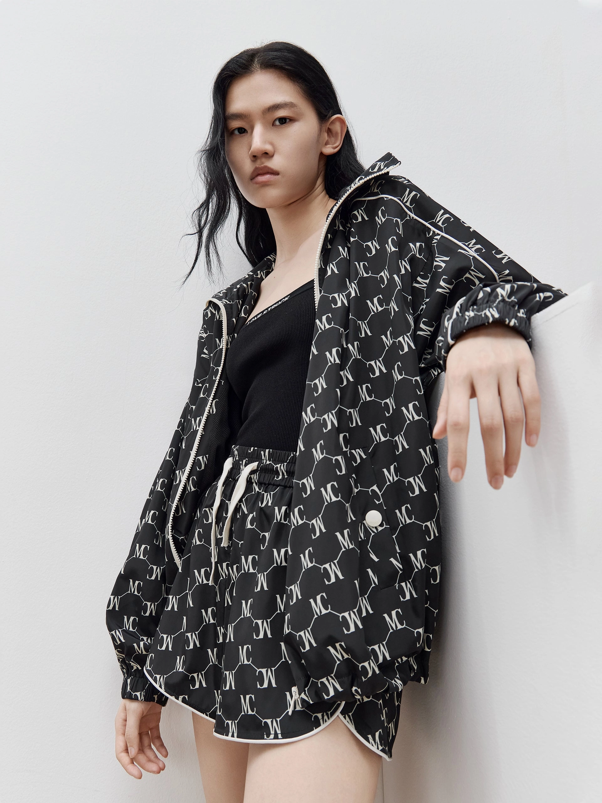 HOT SALE Monogram Print Hooded Trench Coat Breathable Mesh Panels Crisp Walk Look