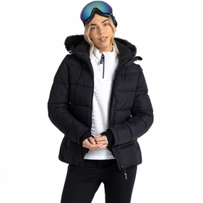 Dare 2 b Womens Glamourize IV Faux Fur Hooded Waterproof Ski Jacket - Black Cuffs Adjust