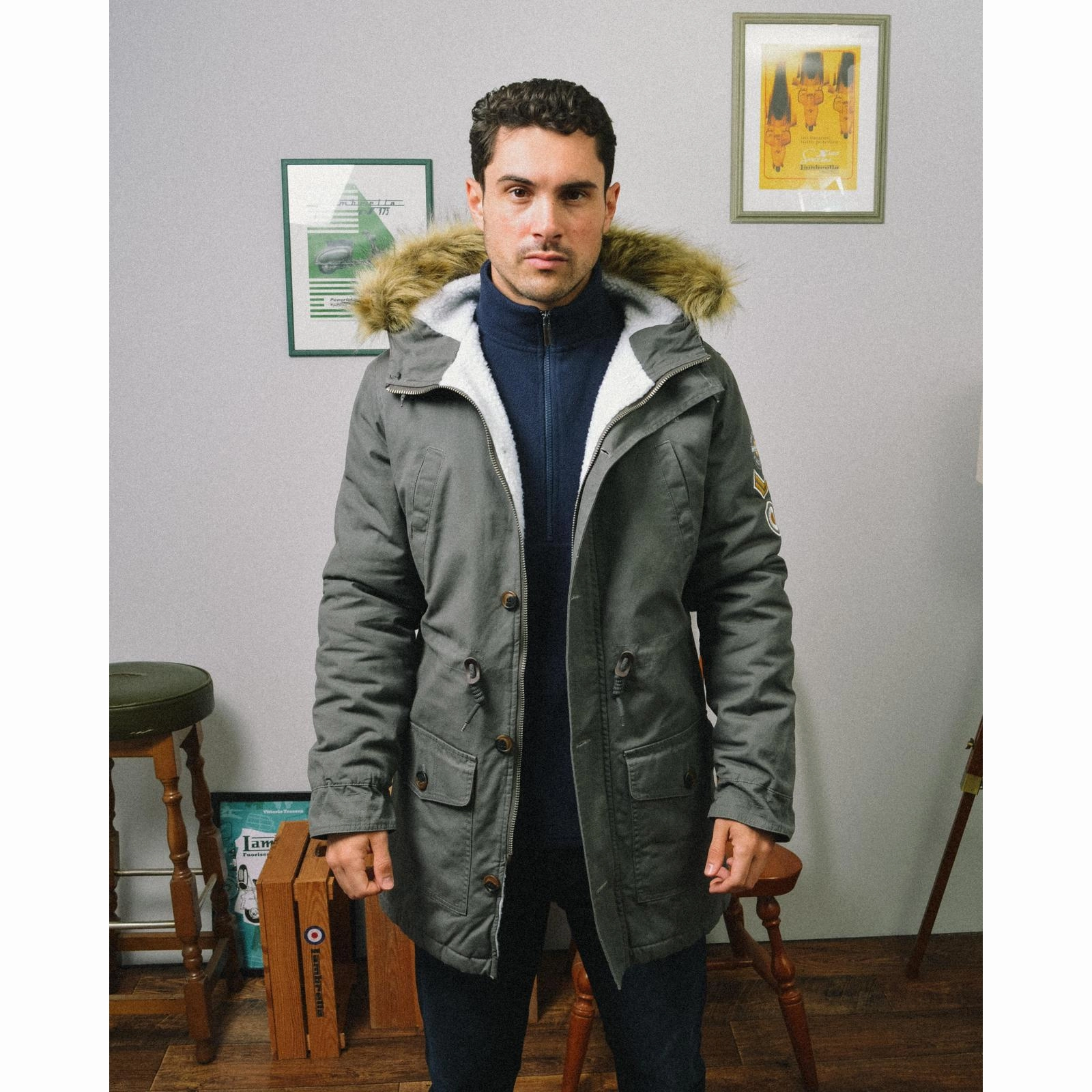 Lambretta Sherpa Lined Faux Fur Hooded Parka Jacket - Granite Windproof Closure
