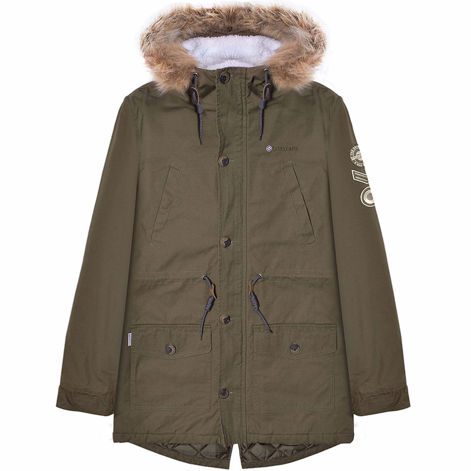Lambretta Sherpa Lined Faux Fur Hooded Parka Jacket - Khaki FleeceLined