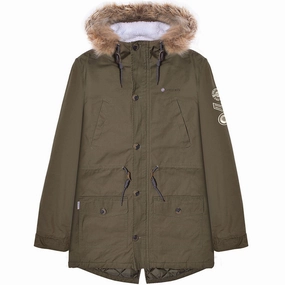 Lambretta Sherpa Lined Faux Fur Hooded Parka Jacket - Khaki FleeceLined
