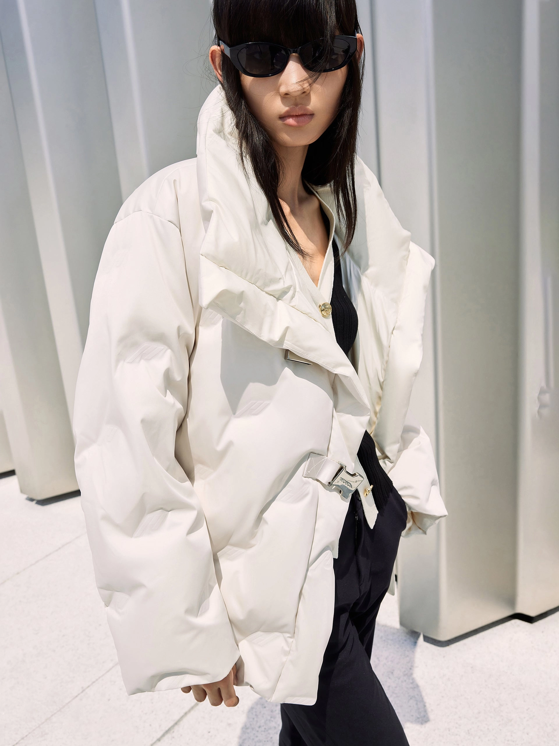 Lapel Collar Down Jacket with Adjustable Belts Full Length Zipper