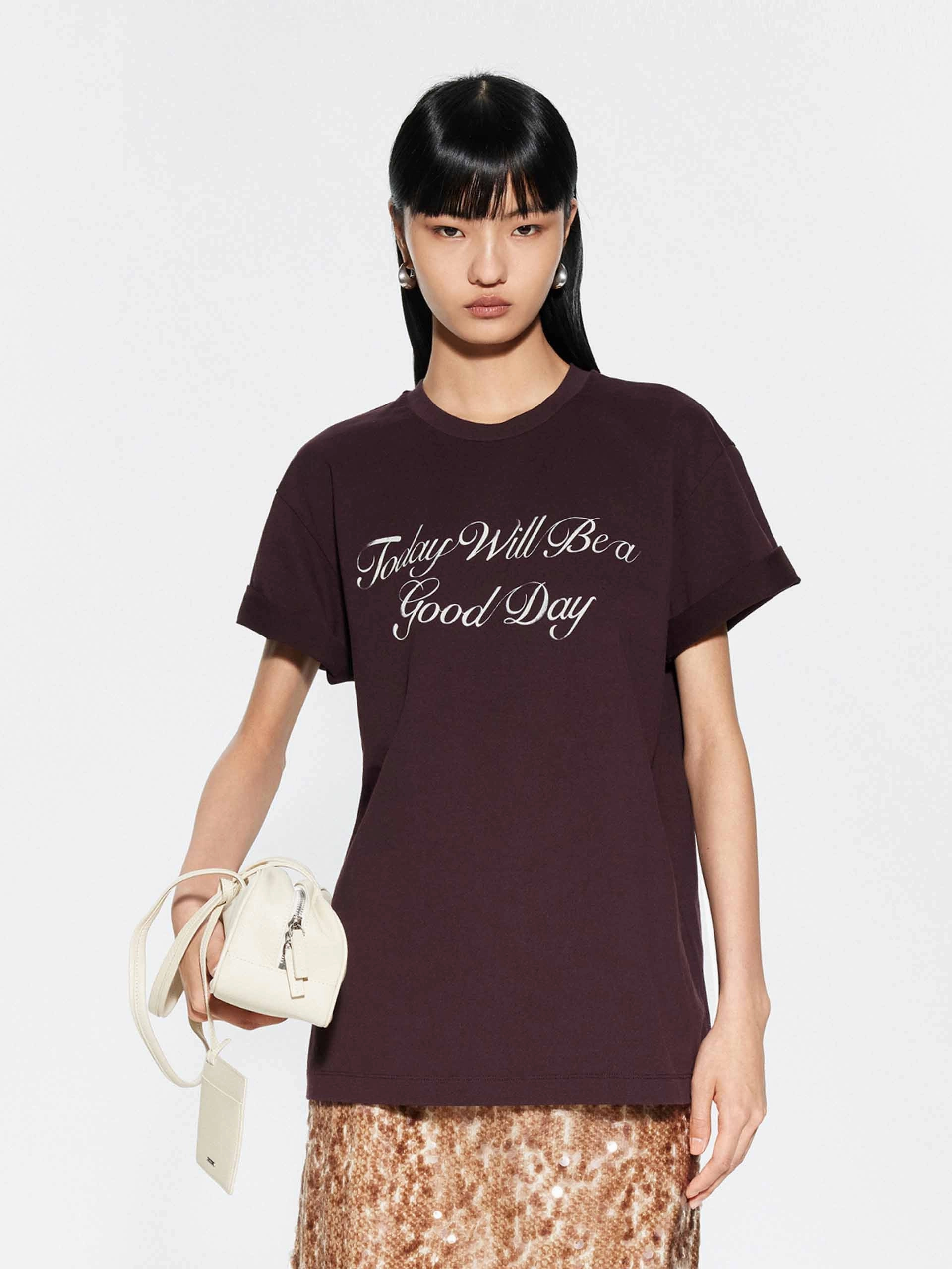 Letter Print Round Neck T-shirt Ethically Sourced Cotton Recycled Polyester