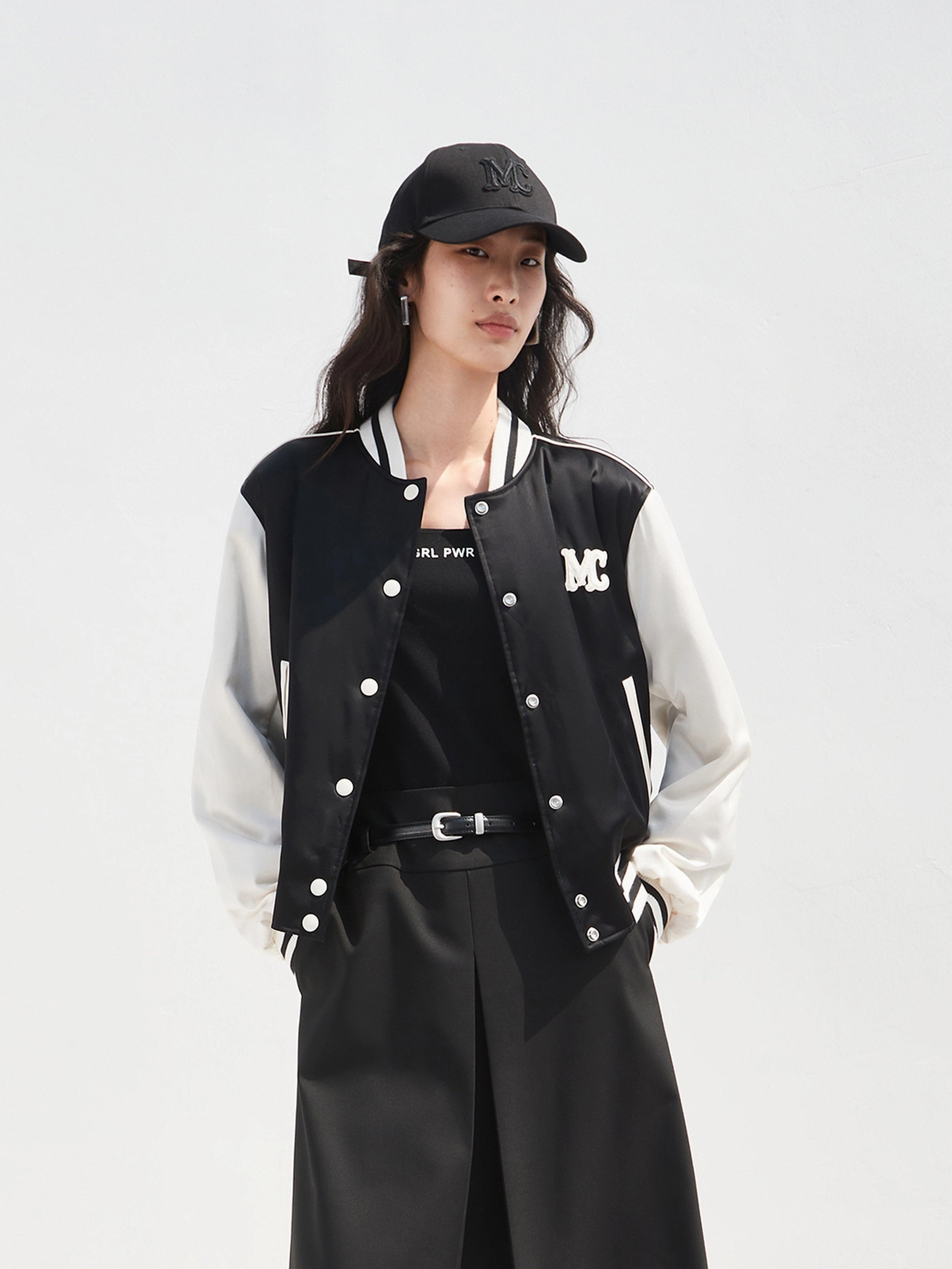 Contrast Logo Baseball Jacket Temperature control Layered Drape