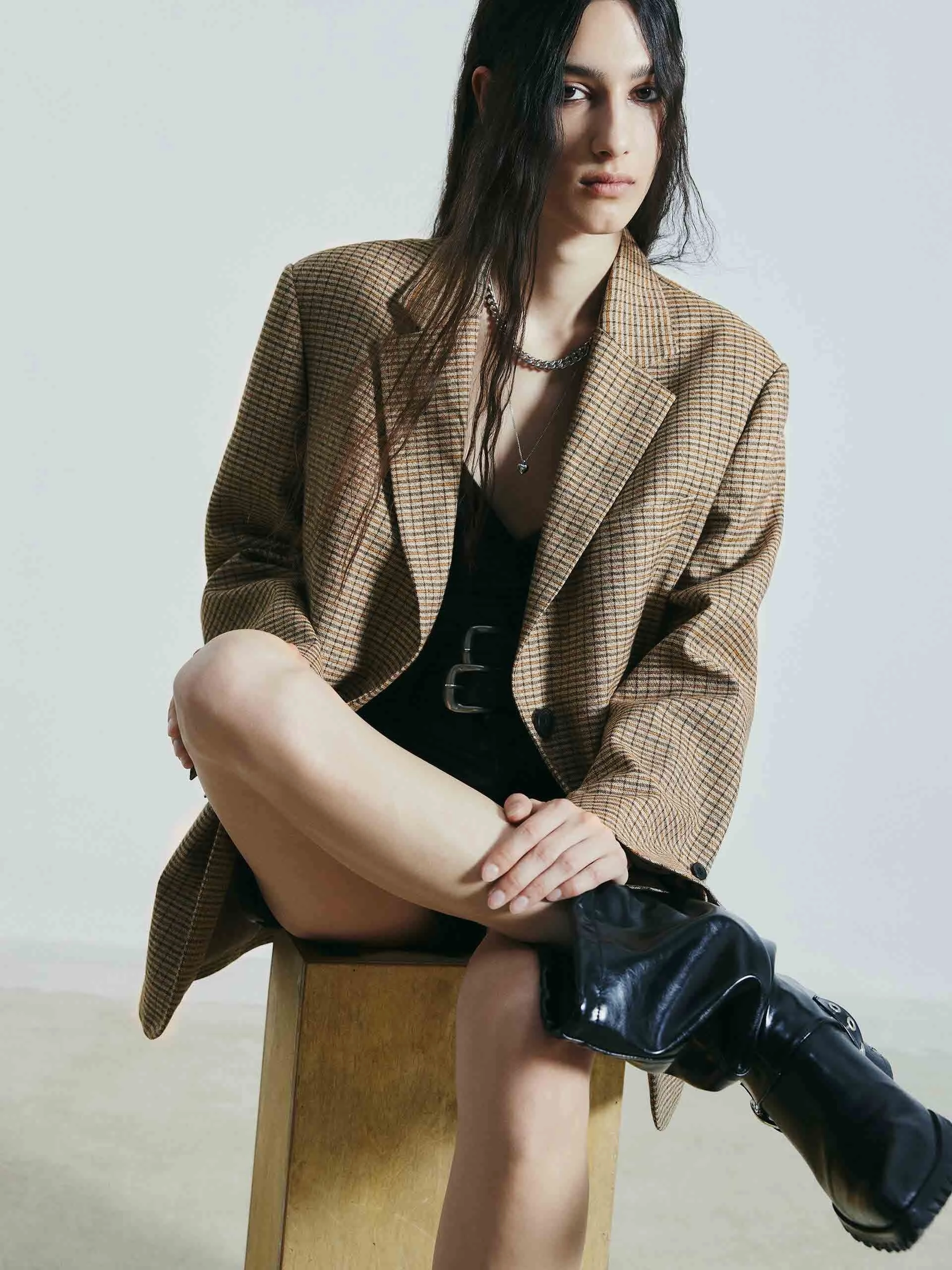 Linen Blend Checked Blazer QuickRelease Buckles