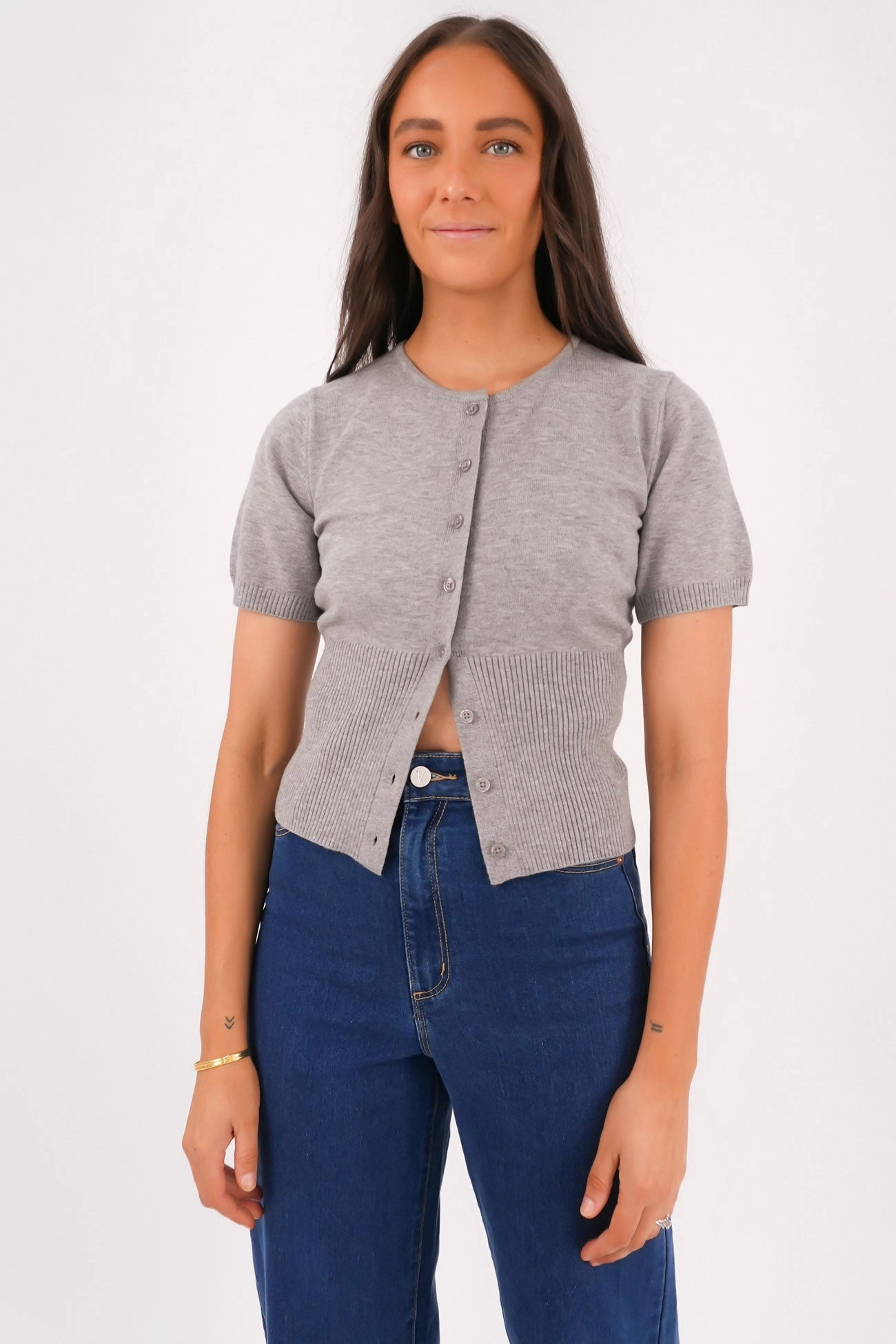 Durable zipper pull Wrinkle Resistant Patricia Short Sleeve Cardigan Grey Marle