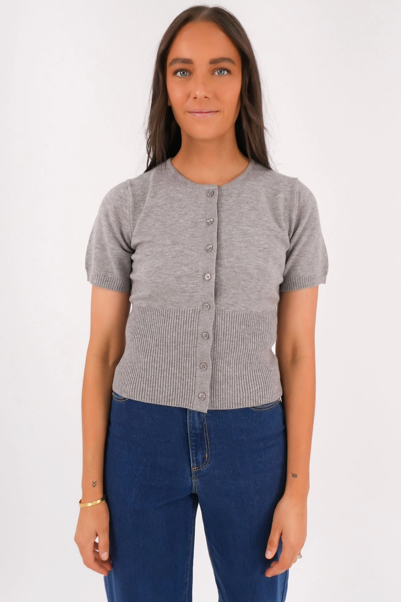 Noise Reduced Fabrics Heat Keep Patricia Short Sleeve Cardigan Grey Marle