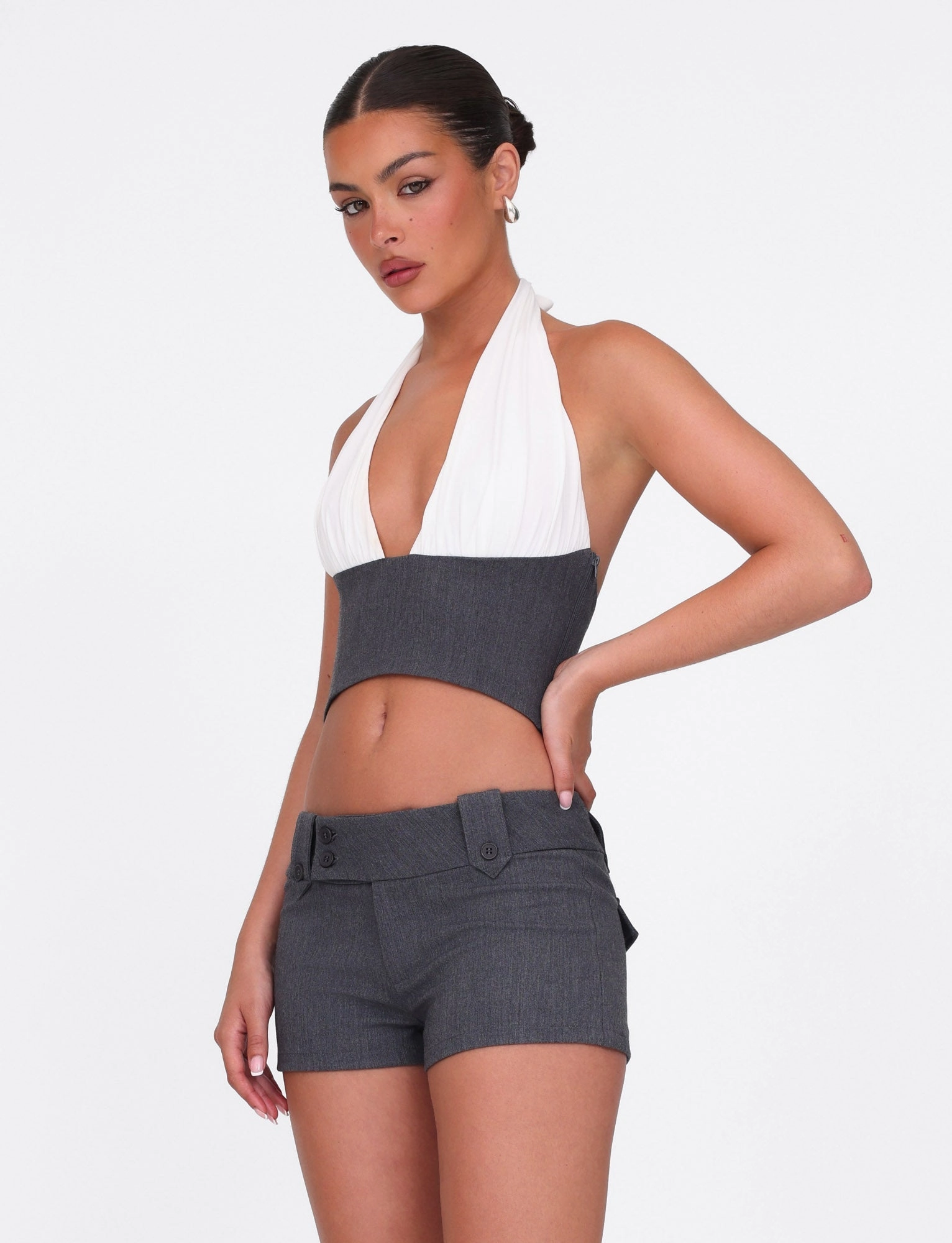 Bodycon-Fit LOTUS TOP - CREAM : GREY