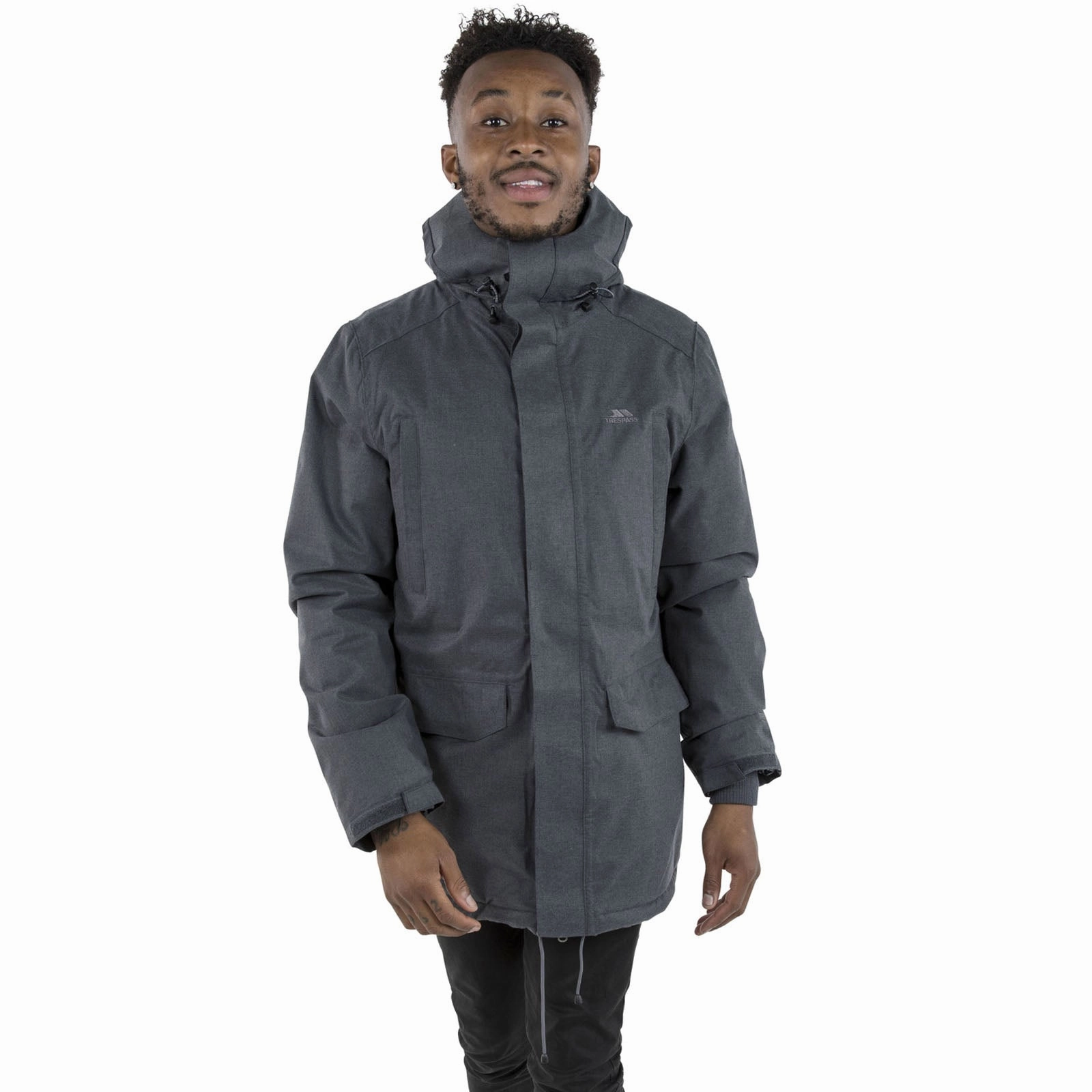 Minimalist Aesthetic Abrasion resistant Trespass Mens Glover Hooded Waterproof Long Jacket - Grey