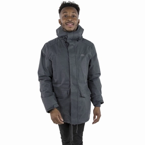Multi Pocket Design Trespass Mens Glover Hooded Waterproof Long Jacket - Grey