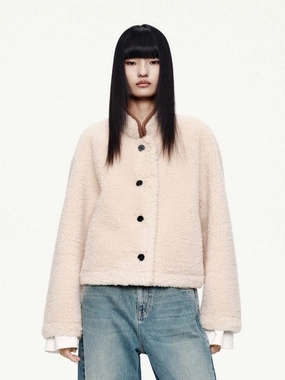 No Collar Heavyweight Durability Faux Shearling Button Coat