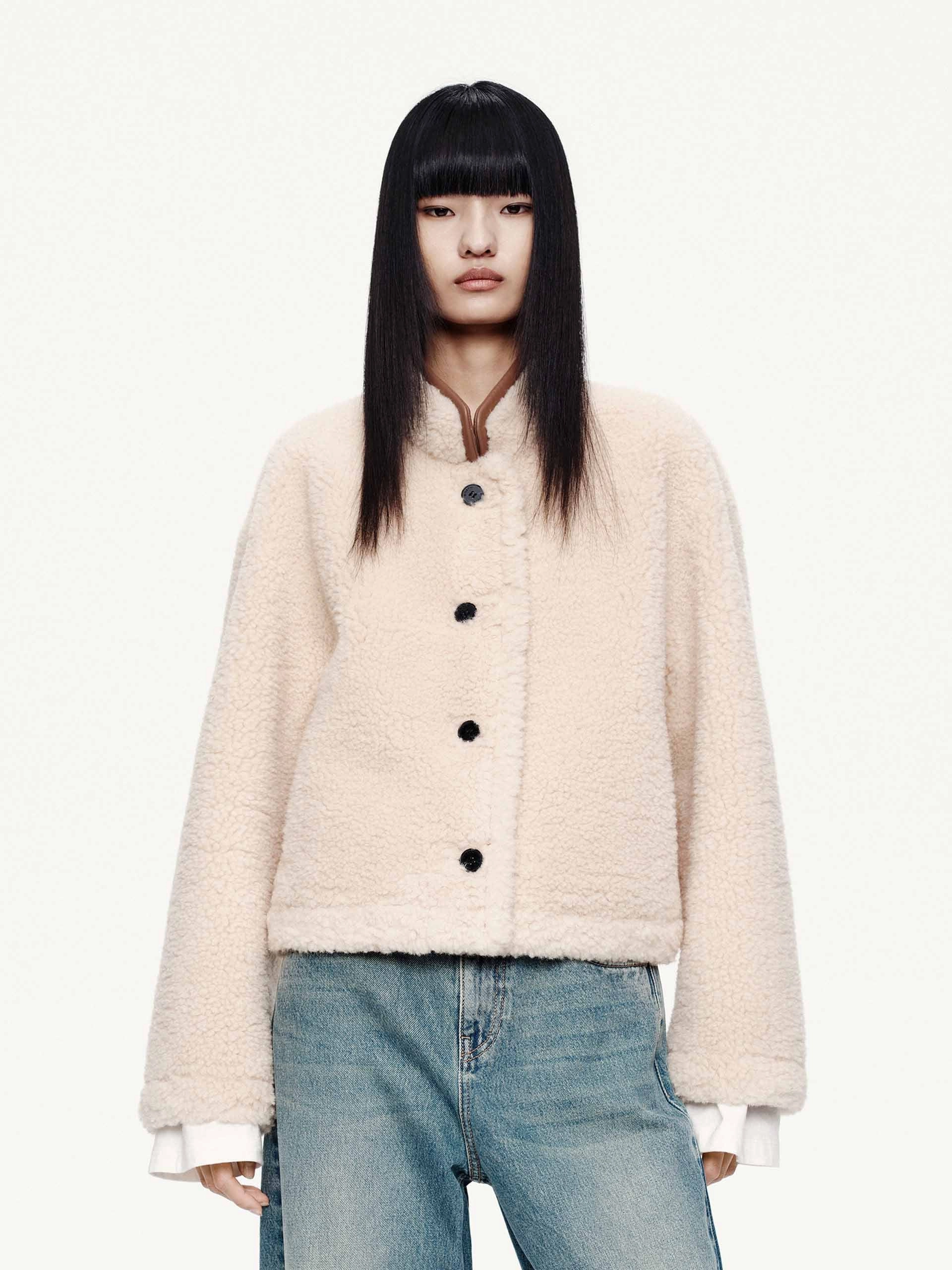No Collar Heavyweight Durability Faux Shearling Button Coat