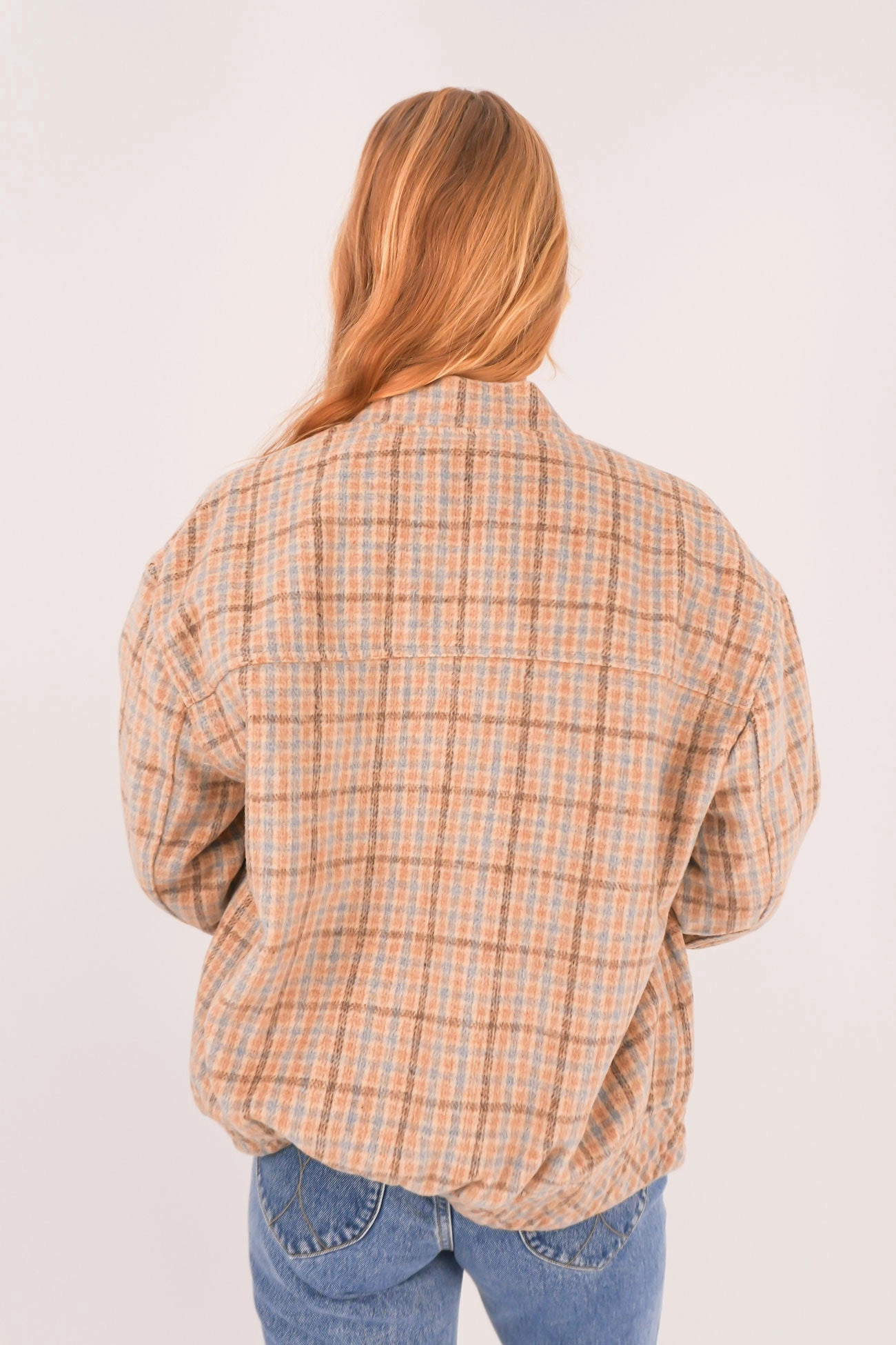 Luca Oversized Check Bomber Jacket Blue Packable Feature