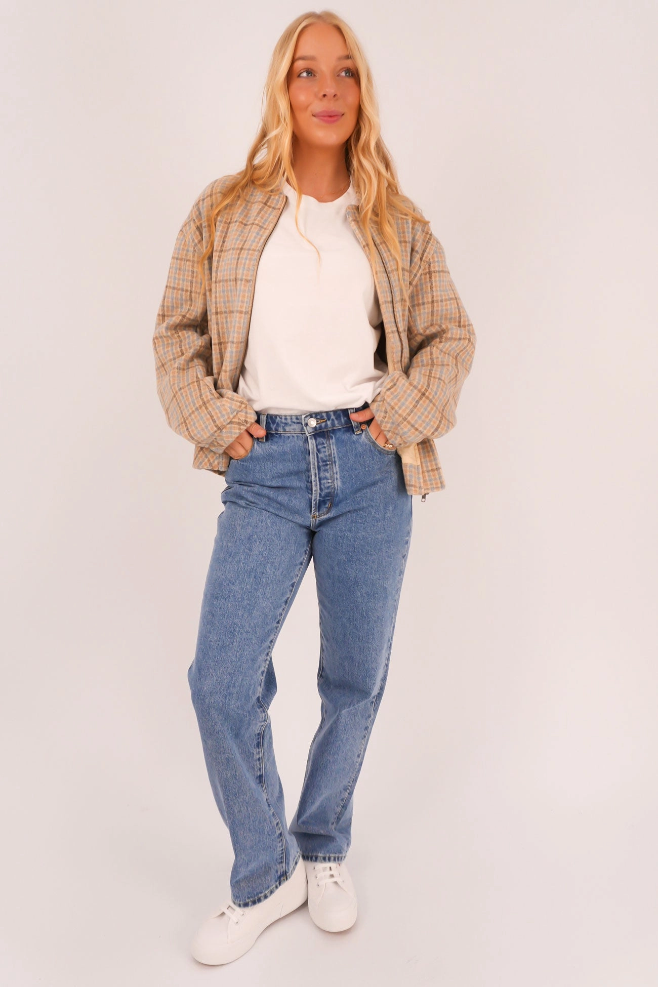 Non Restrictive Tailoring Luca Oversized Check Bomber Jacket Blue
