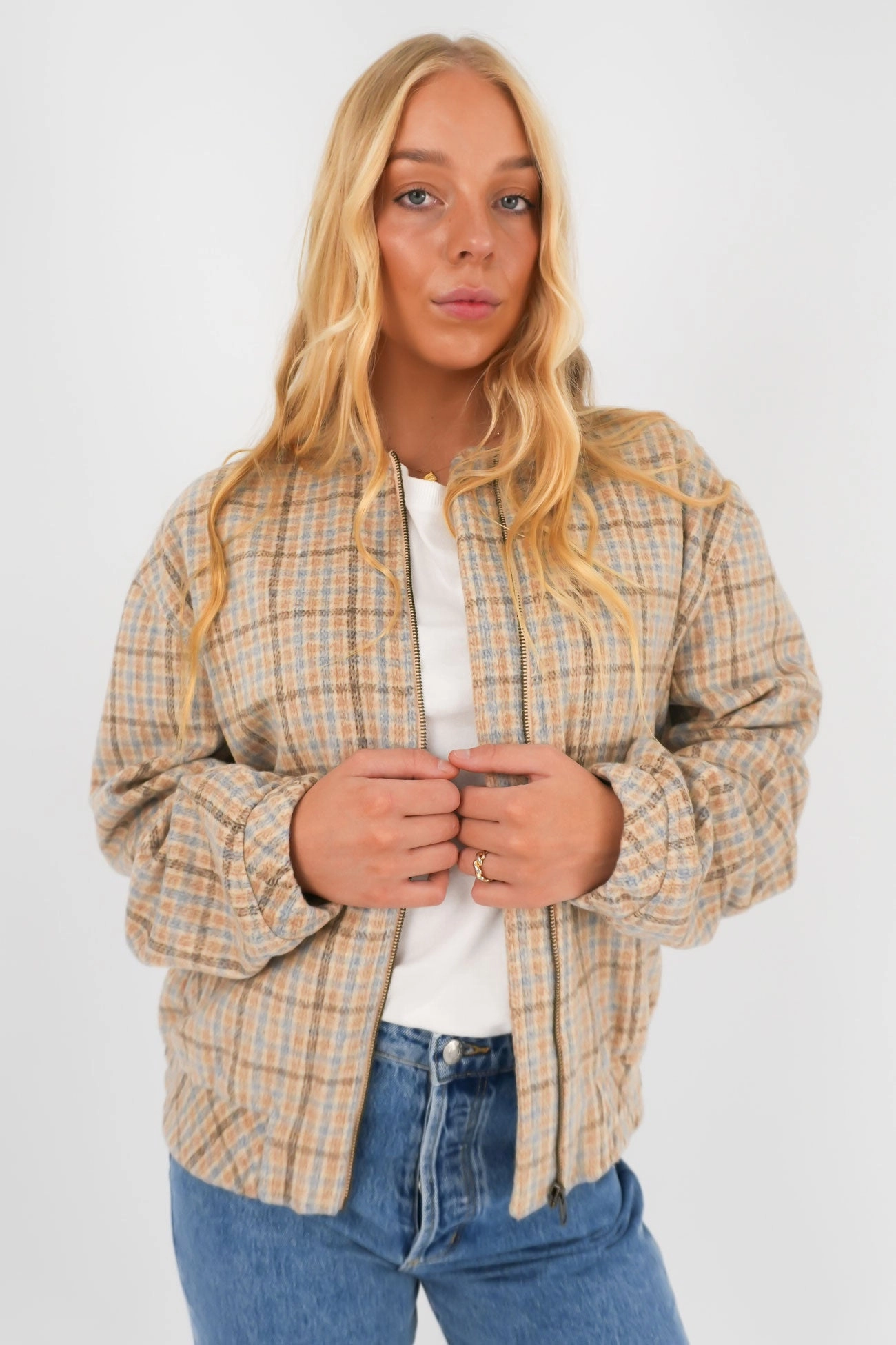 Luca Oversized Check Bomber Jacket Blue Subtle Fashion Fit