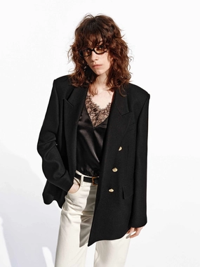 Flexible Daily Fit Neutral Street Style Metallic Button Wool Blazer