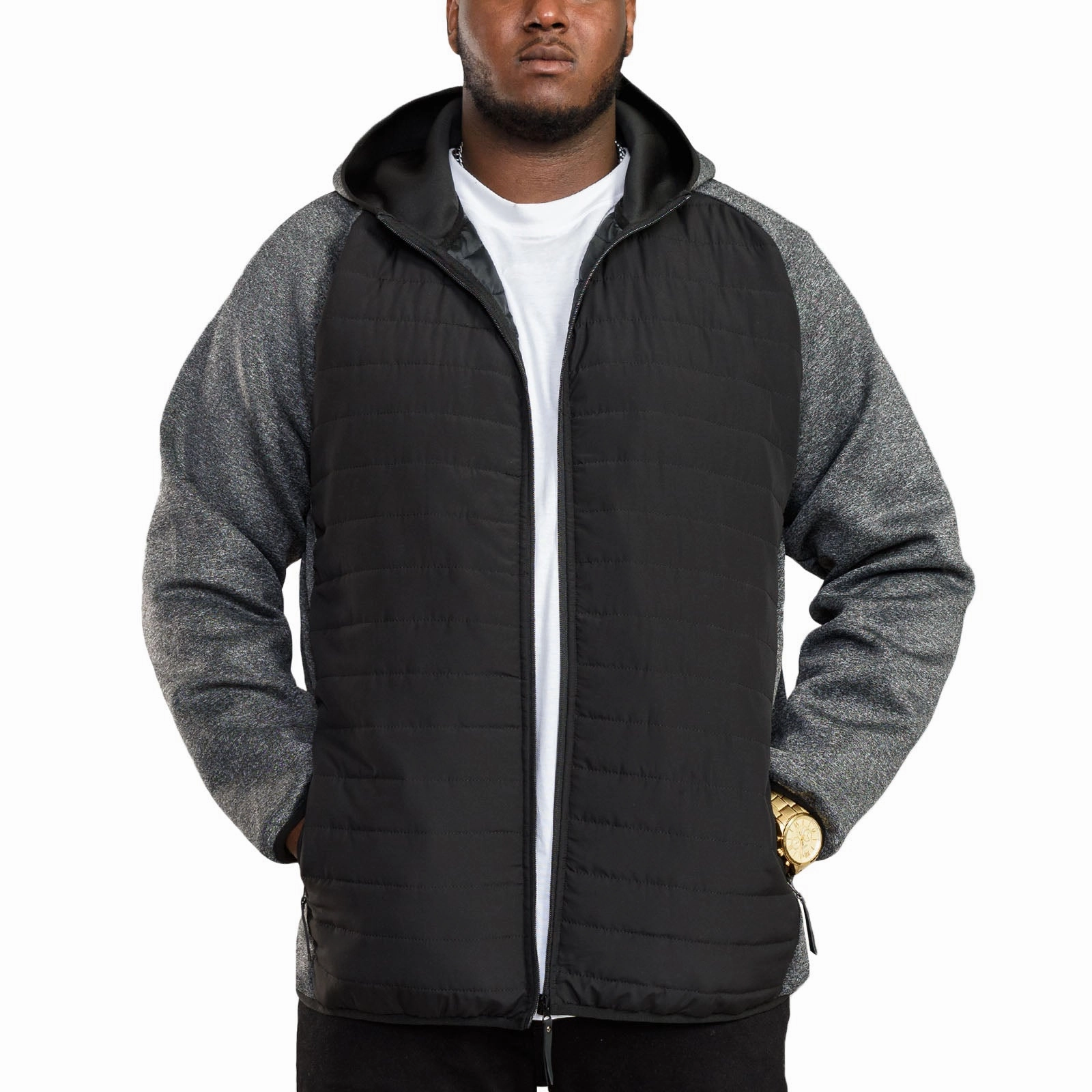 D555 Mens Highampton Big & Tall Hooded Quilted Jacket - Black/Grey Flexible Waistband