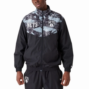 Tailored Silhouette fall season New Era Mens Brooklyn Nets All Over Pattern Panel Track Jacket - Black
