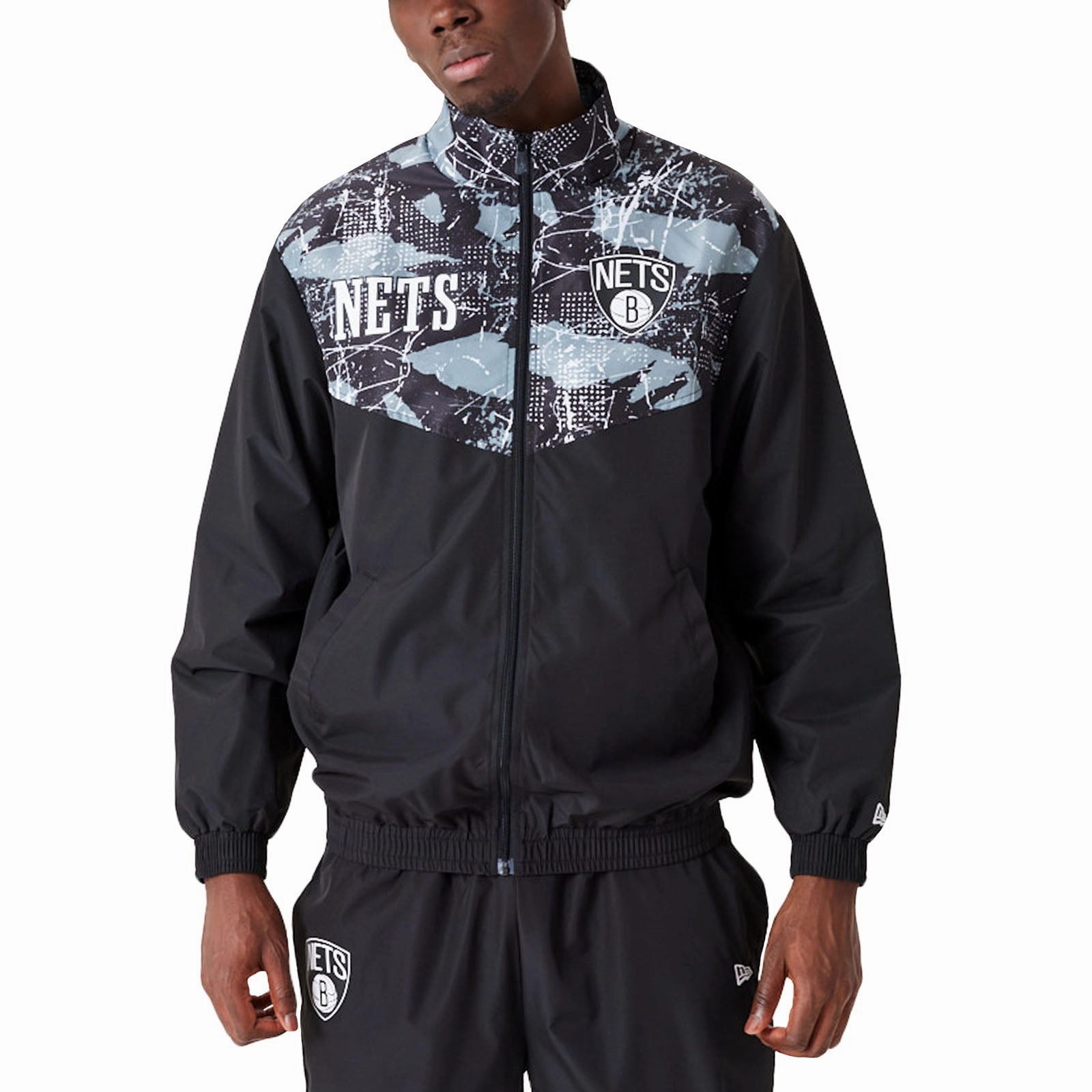 New Era Mens Brooklyn Nets All Over Pattern Panel Track Jacket - Black Mid Length Cut