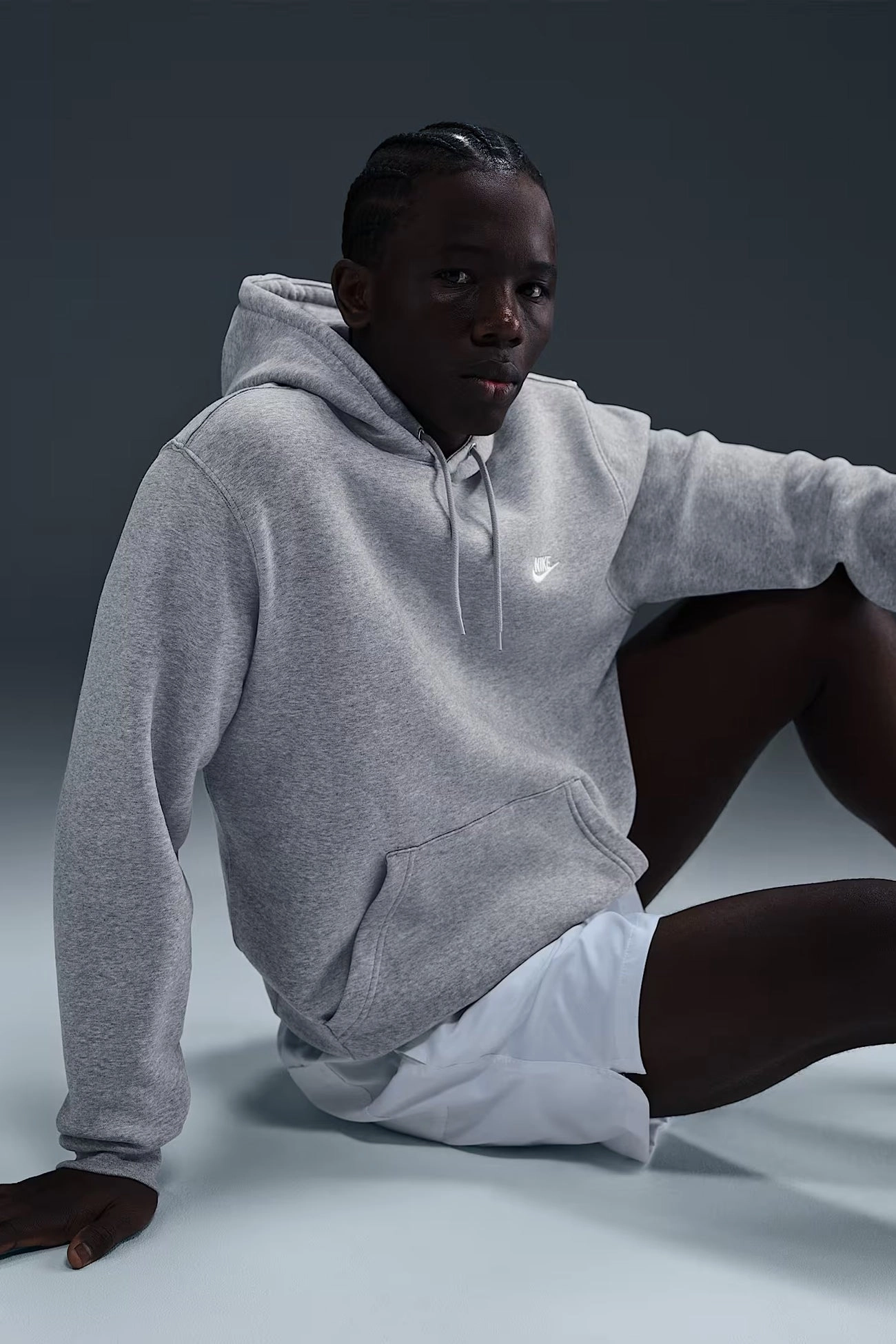 Nike Club BB Pullover Fleece Hoodie Dark Grey Heather Light Smoke Grey White Tagless Neckline Design Quilted Stitching