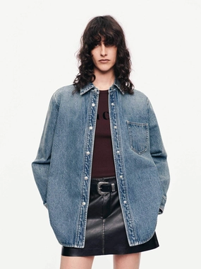 Wash Cotton Denim Shirt Low Profile Pocket Design Current Style