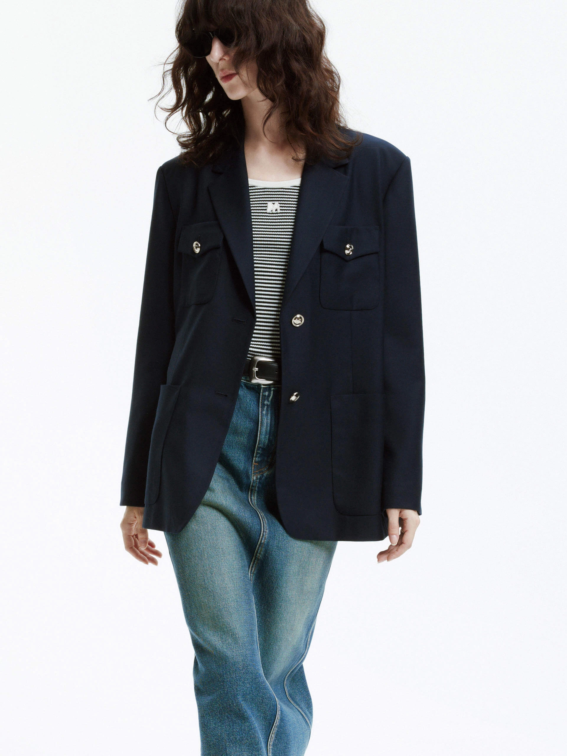 Oversized Single Breasted Blazer MultiPocketStyle Windproof Material