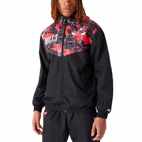 New Era Mens Chicago Bulls All Over Pattern Panel Track Jacket - Black Modular Attachment System
