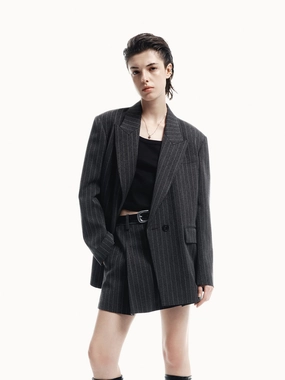 Simple Urban Layer Mid Length Cut Pinstripe Structured Blazer