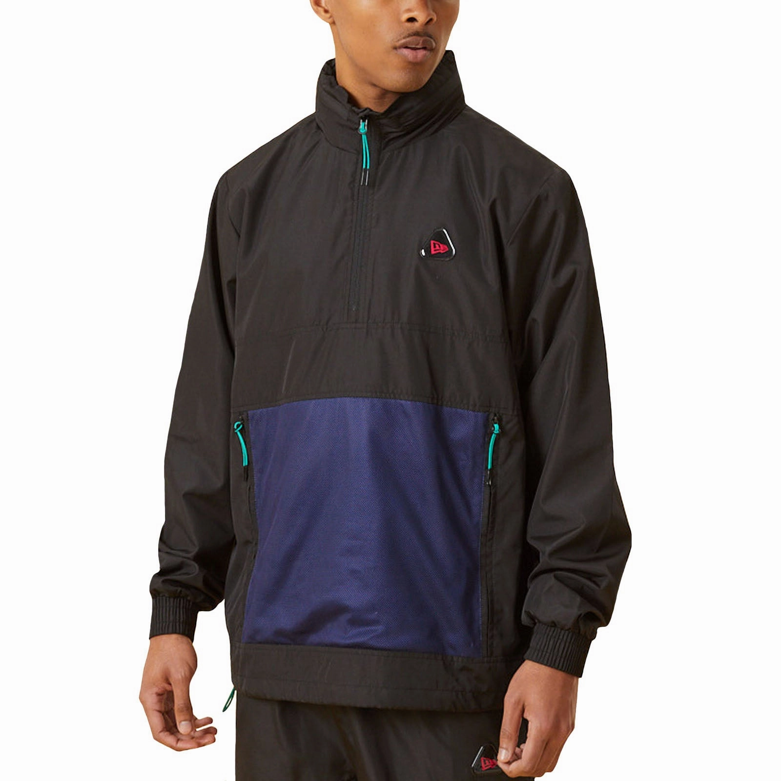 Secure Internal Pockets New Era Mens 1/4 Zip Retro Cargo Windbreaker Jacket - Black