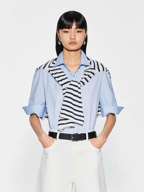 Contrast Stitch Soft Stretch Collar Pure Color Cotton Shirt
