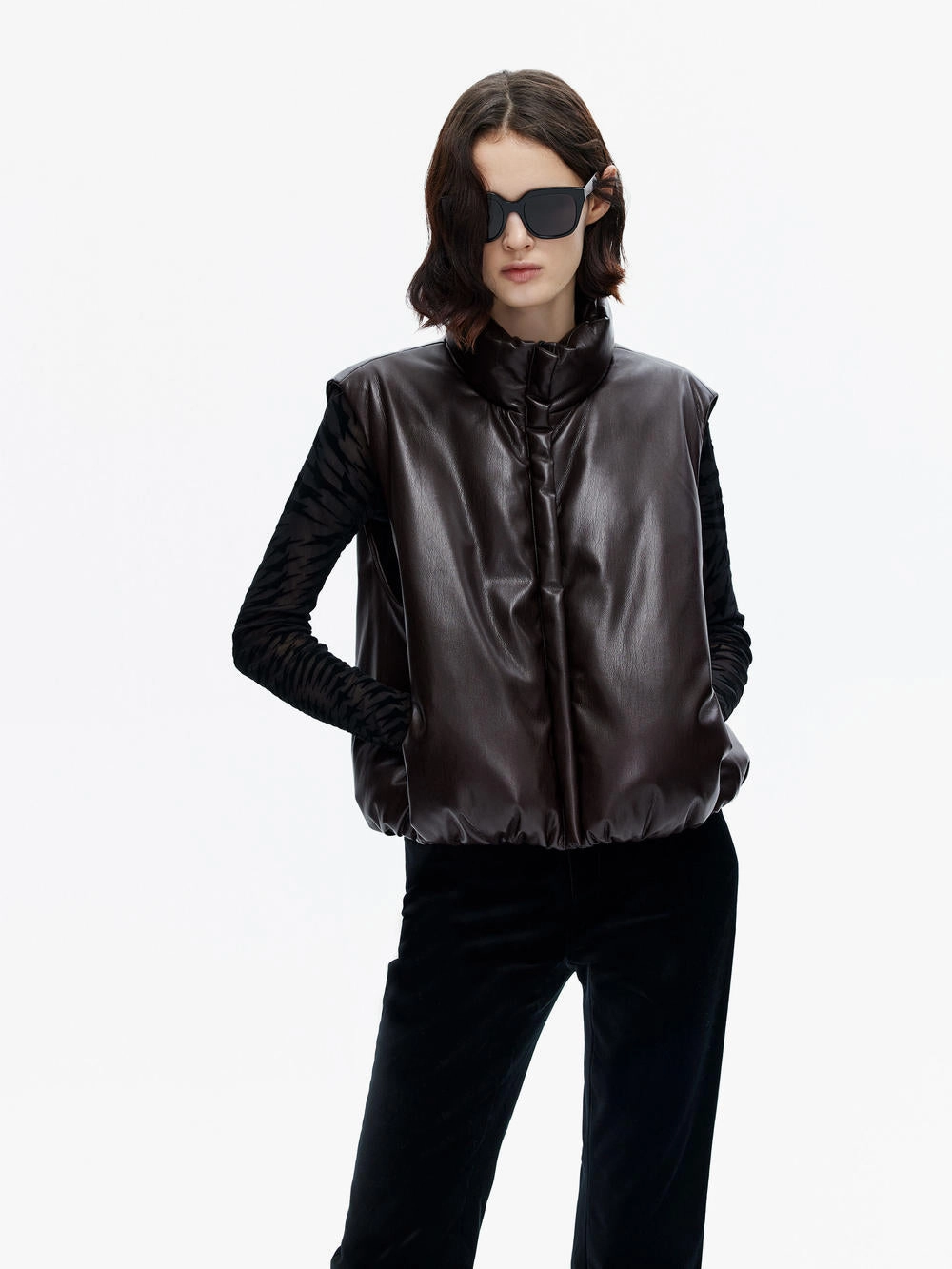 Multi pockets Wind Resistant PU Leather Puffer Waistcoat