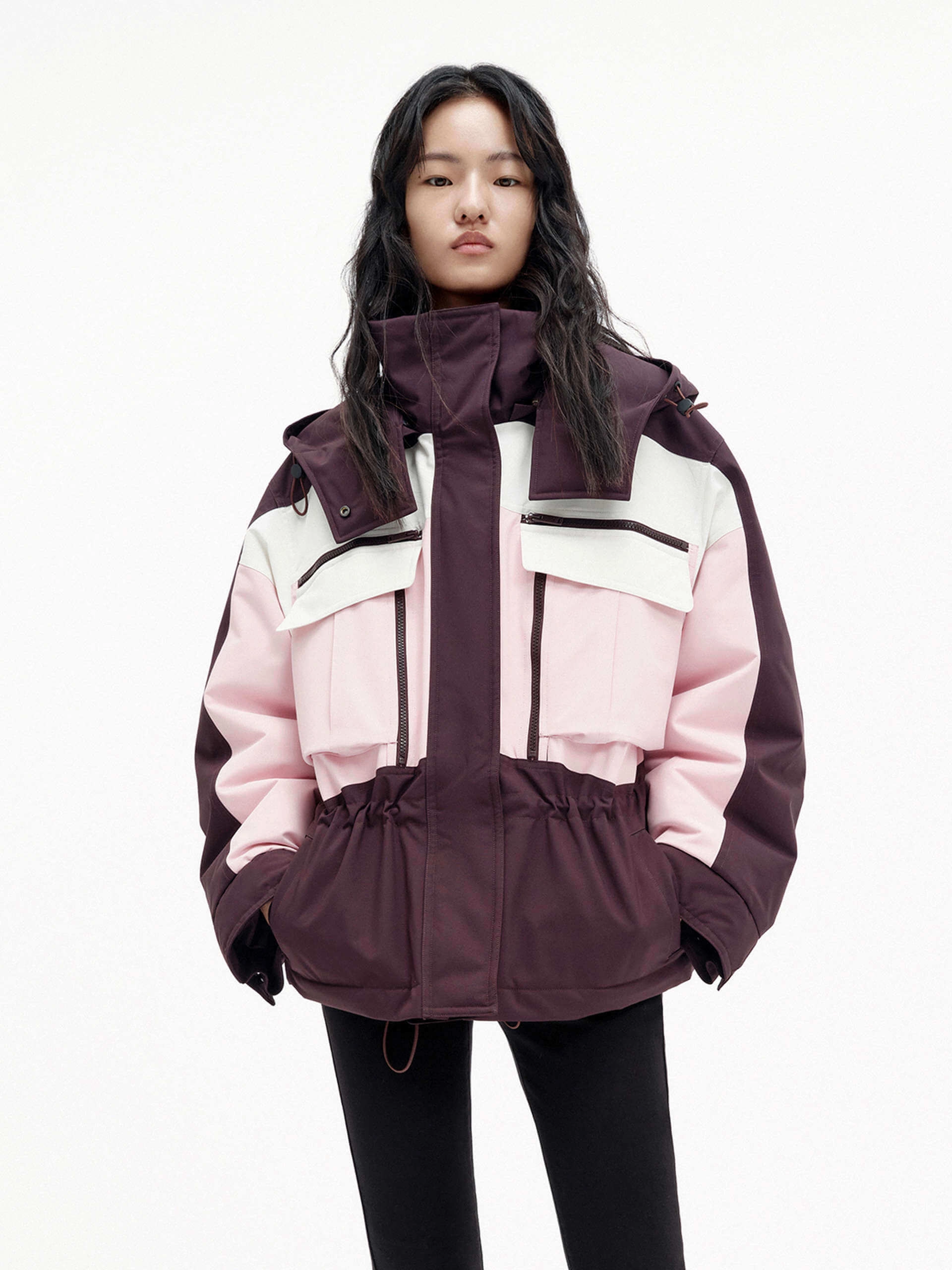 Color Block Hooded Down Jacket Fleece Backing Sport Fit