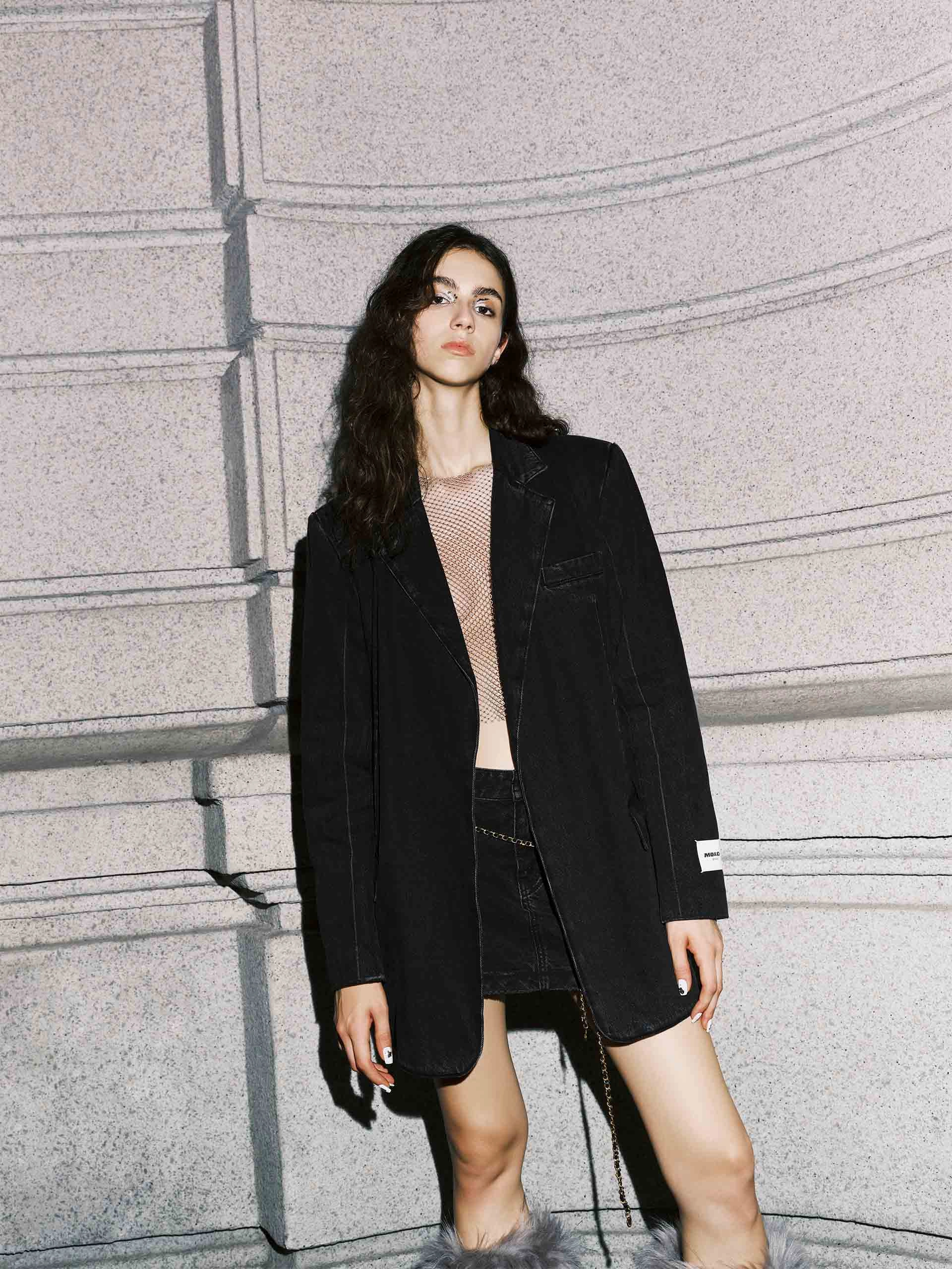 Tailored Denim Blazer Adjustable Detachable Hood Reflective Safety Accents