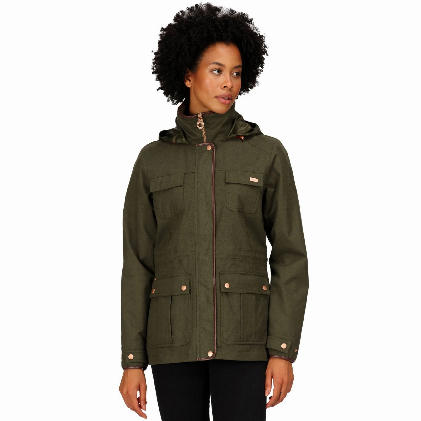 Multi Pocket Design Adjustable Hood Feature Regatta Womens Alixa Waterproof High Collar Jacket - Dark Khaki