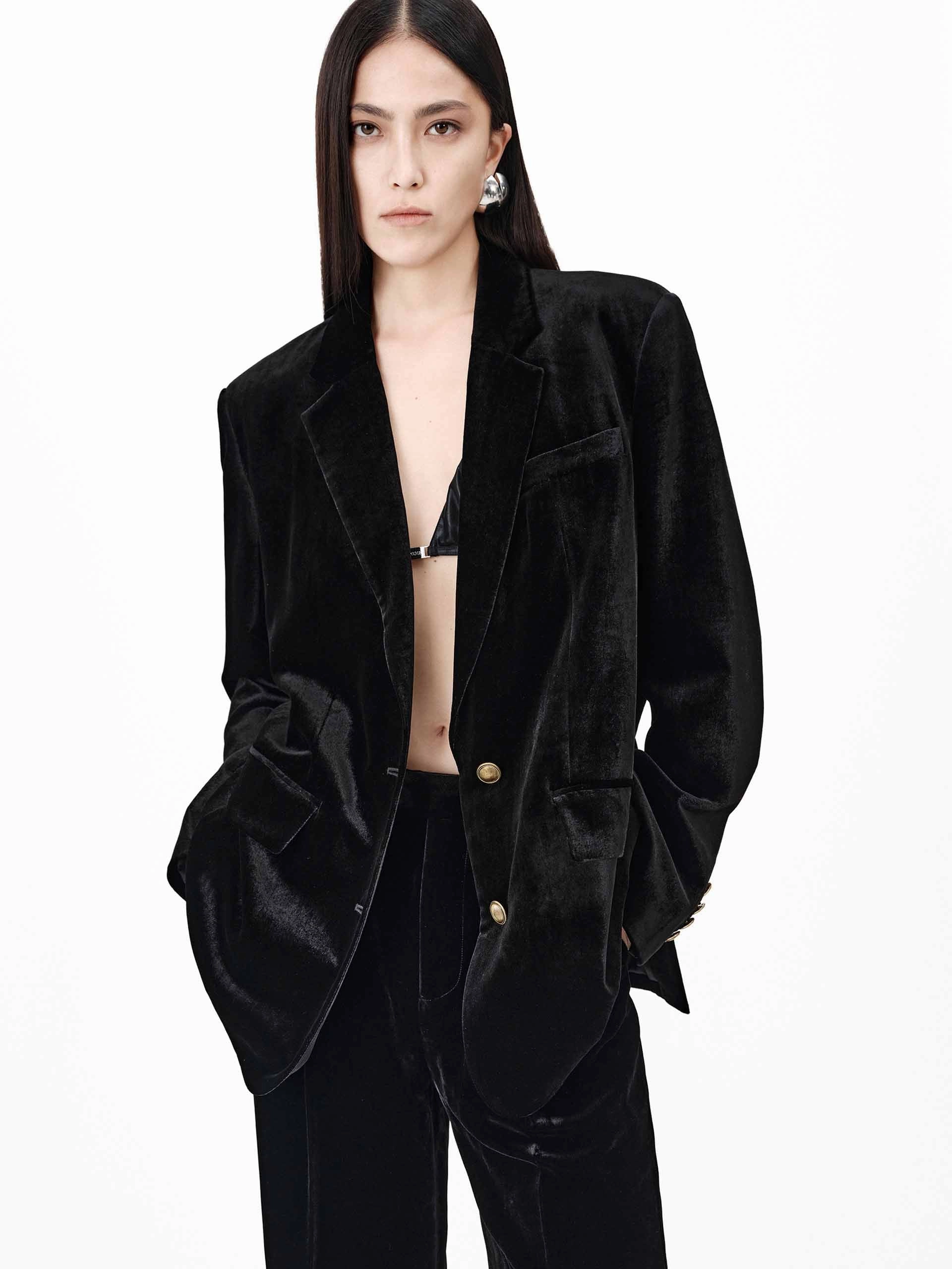 Metallic Button Velvet Blazer RecycledPolyester Anti Pill Fabric Tech