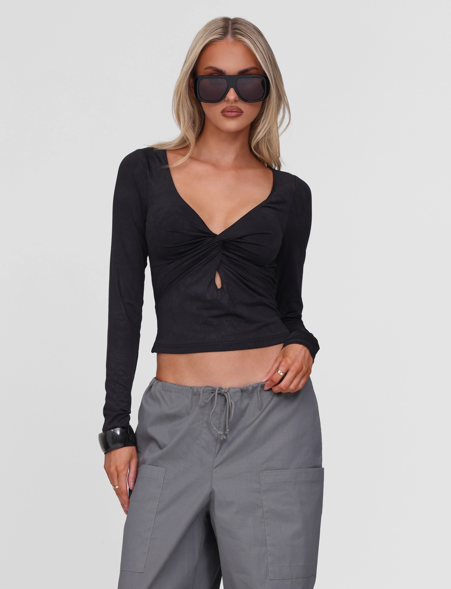 Soft Glide Panelled-Design SAFFIRA LONG SLEEVE TOP - BLACK