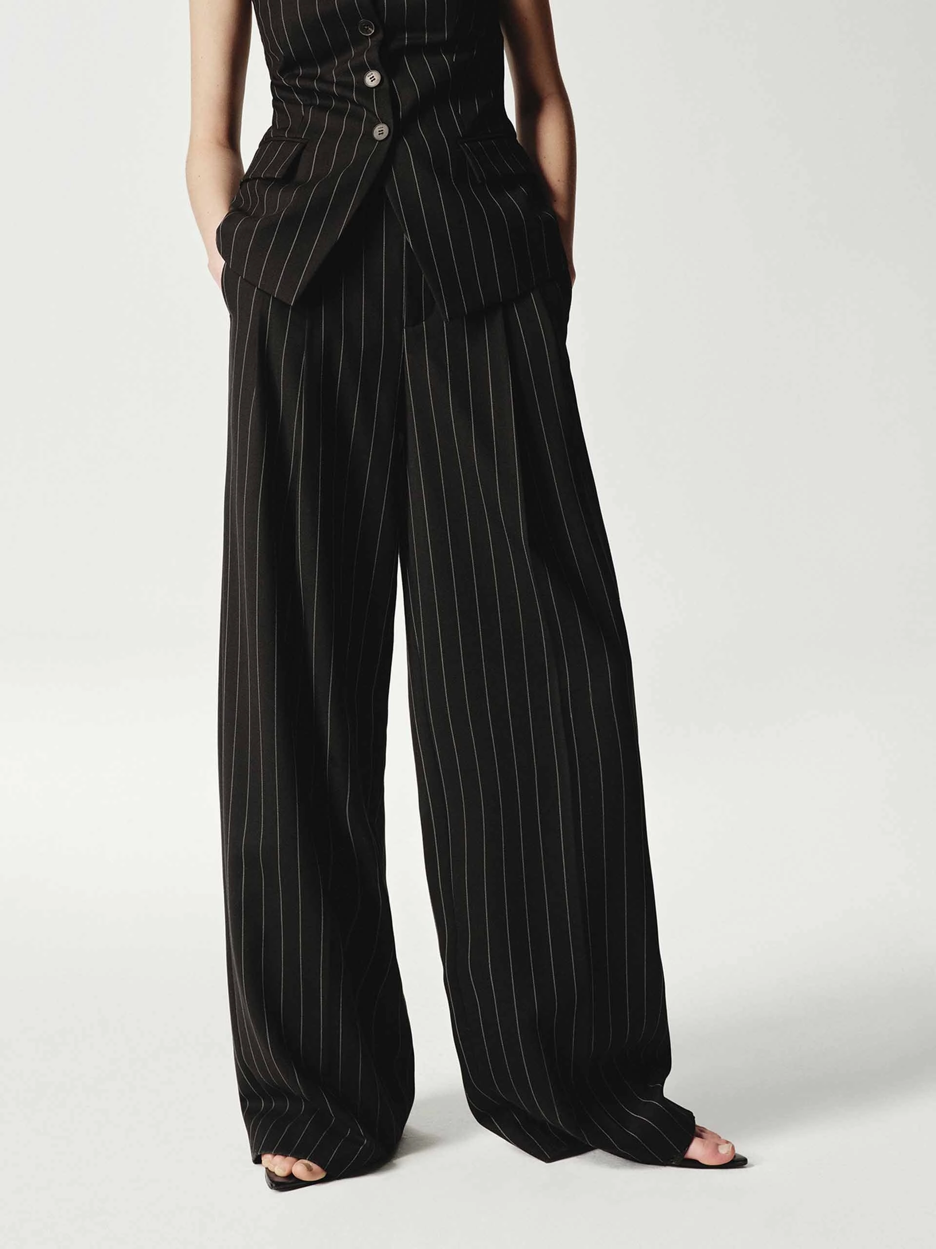 Mesh Lined EcoFriendlyMaterials Wool Striped Straight Trousers