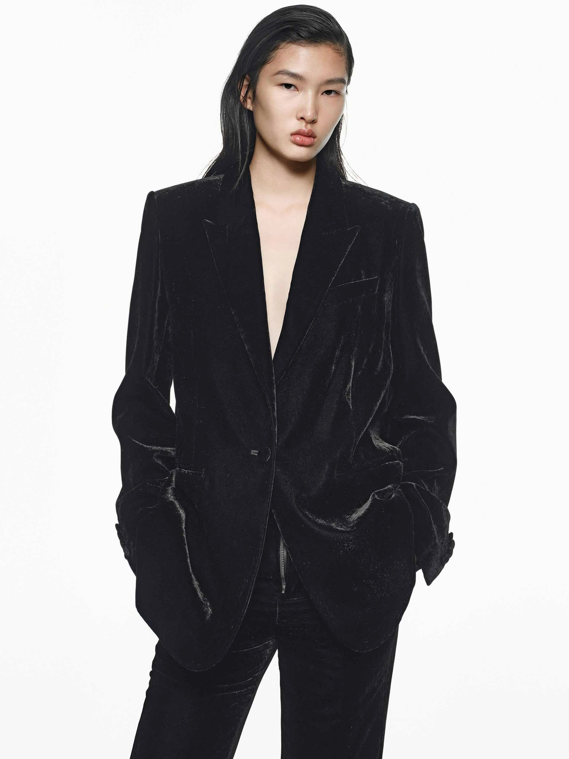 Single Breasted Velvet Blazer Scratch Resistant Zippers Relaxed City Style