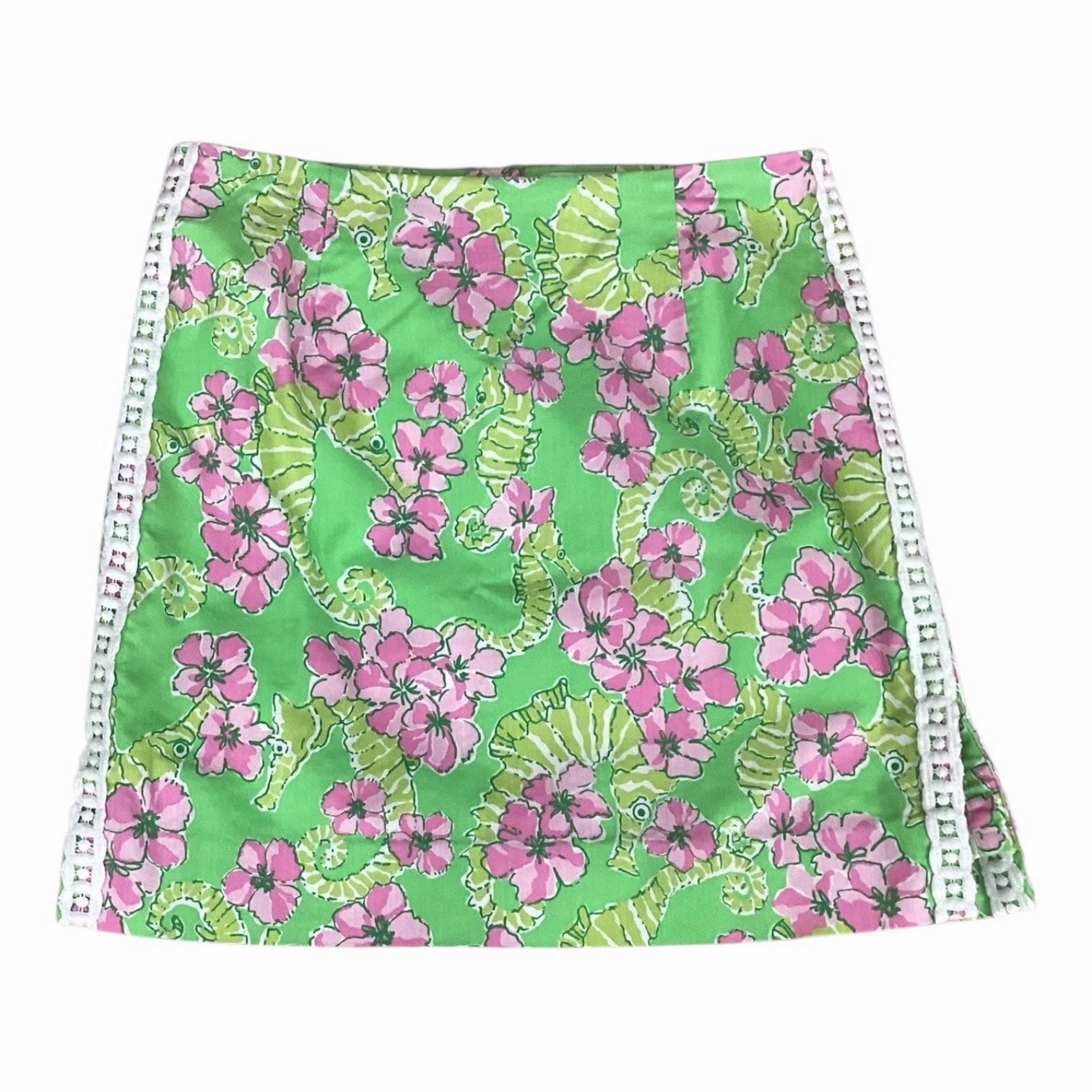Skirt Designer By Lilly Pulitzer In Green & Pink, Size:8 Heritage Brand Wrinkle Resistant