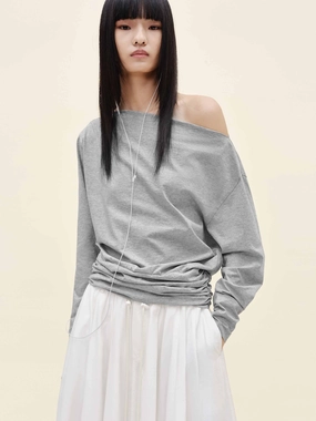 Off Shoulder Pleated T-shirt Eco Friendly Dye