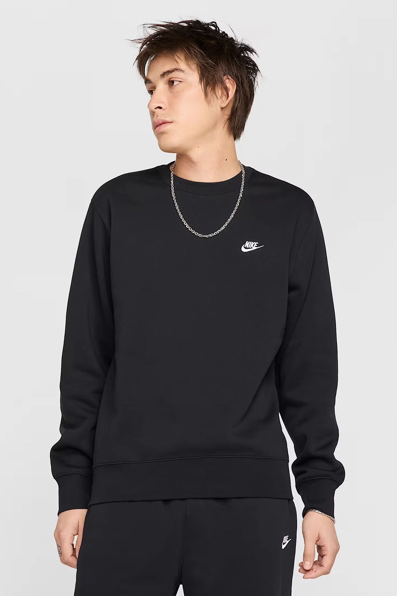 Nike Club Fleece Crew Black White Low Profile Collar