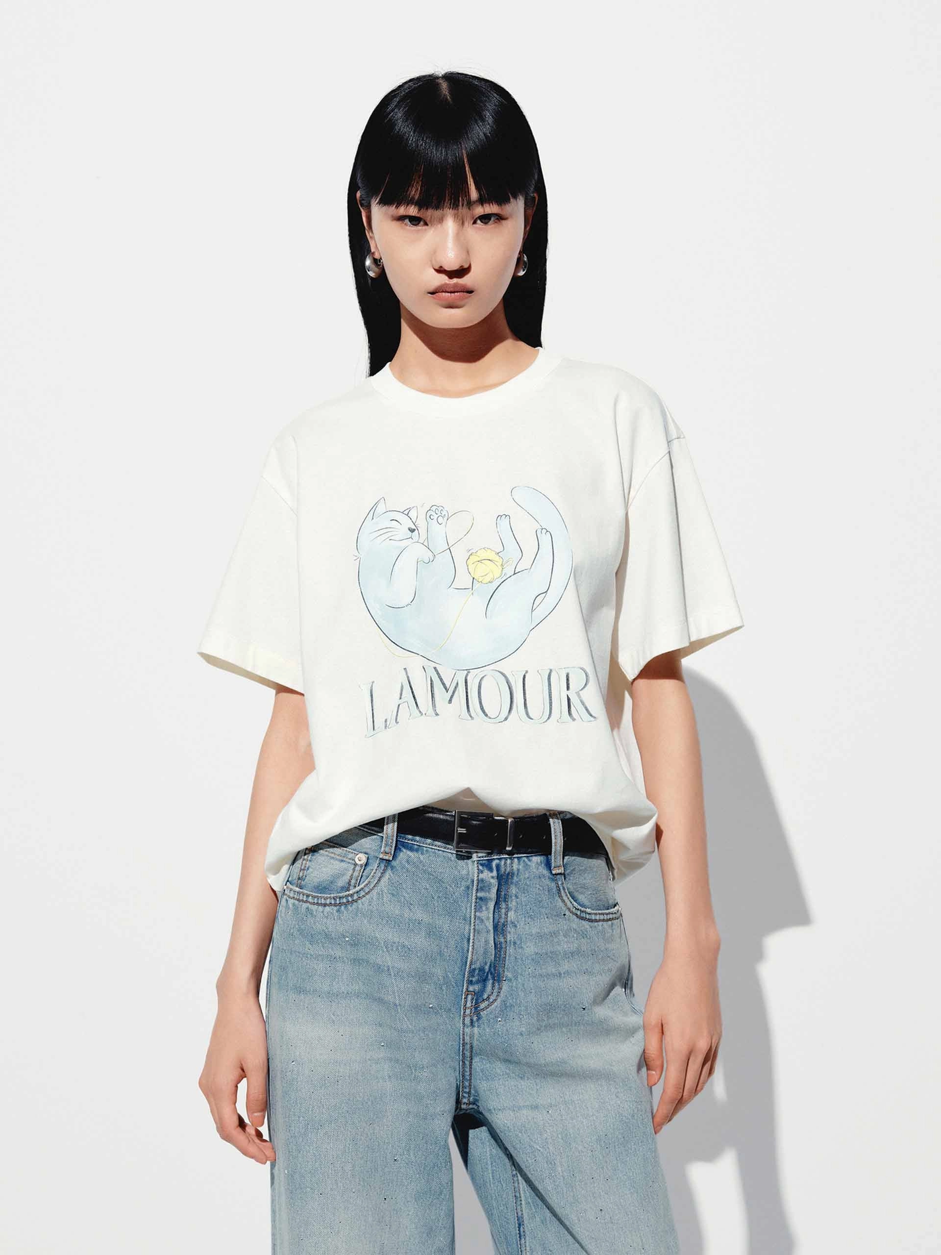 Sporty Fit Pastel color Cat Print Cotton T-shirt