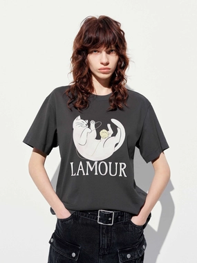 Relaxed Everyday Wear contrast Cat Print Cotton T-shirt