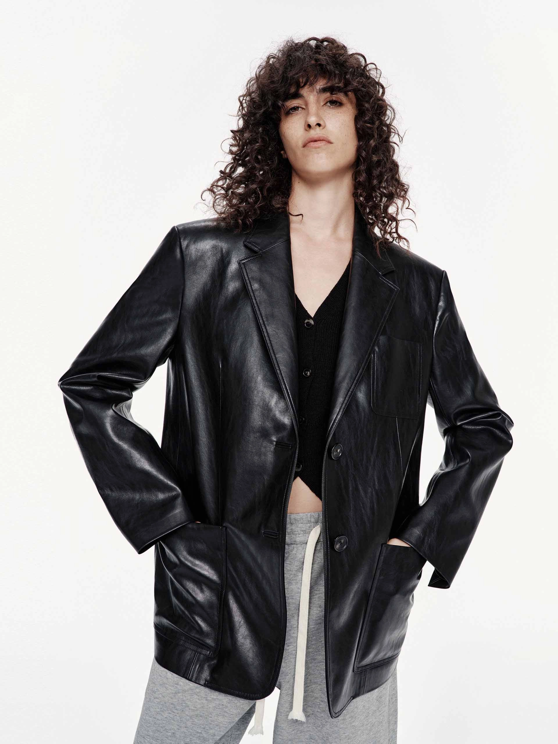 Multi Layer Construction Leather Structured Blazer