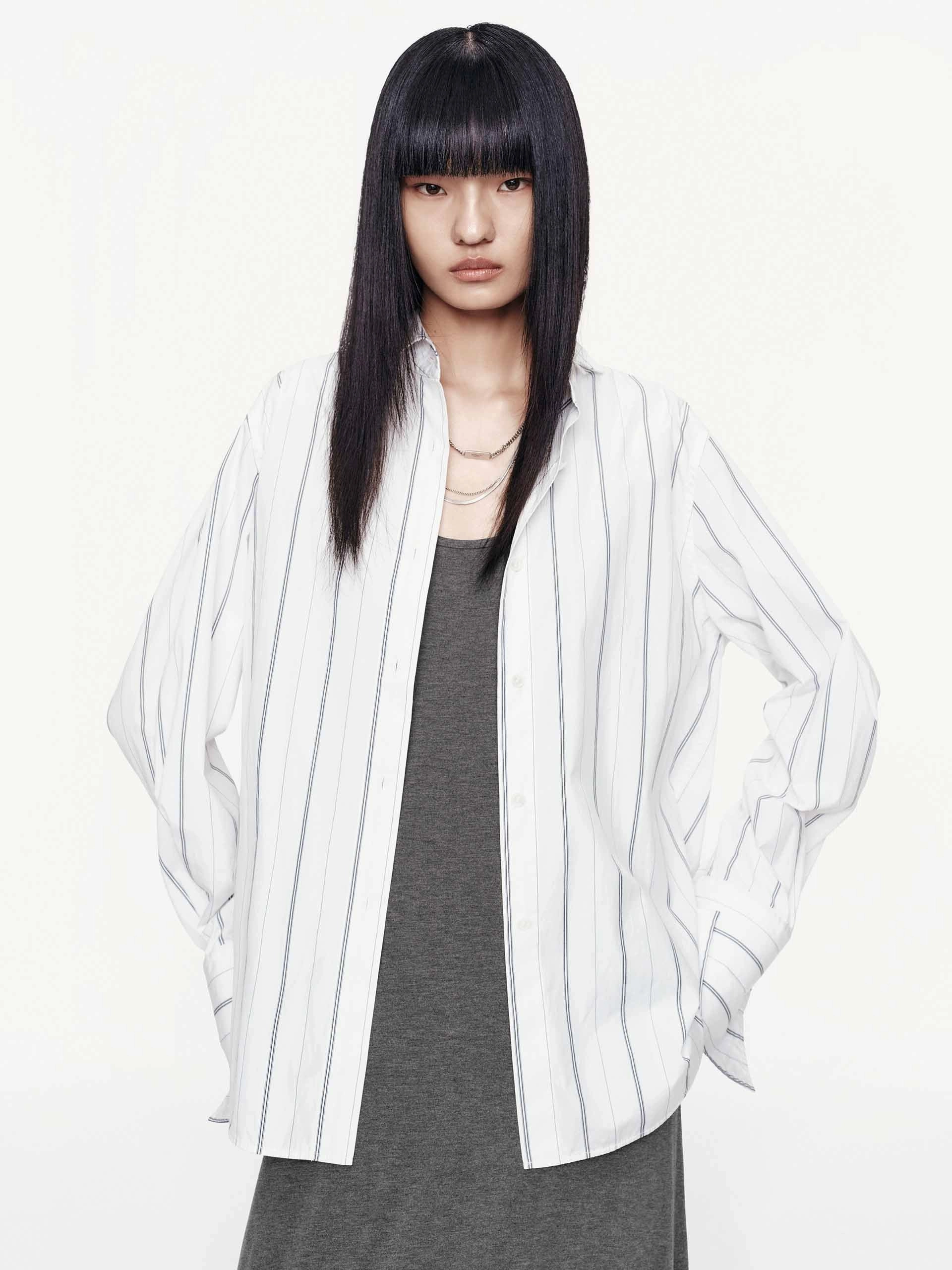 Hooded Neckline Pinstripe Pure Cotton Shirt