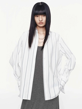 Hooded Neckline Pinstripe Pure Cotton Shirt